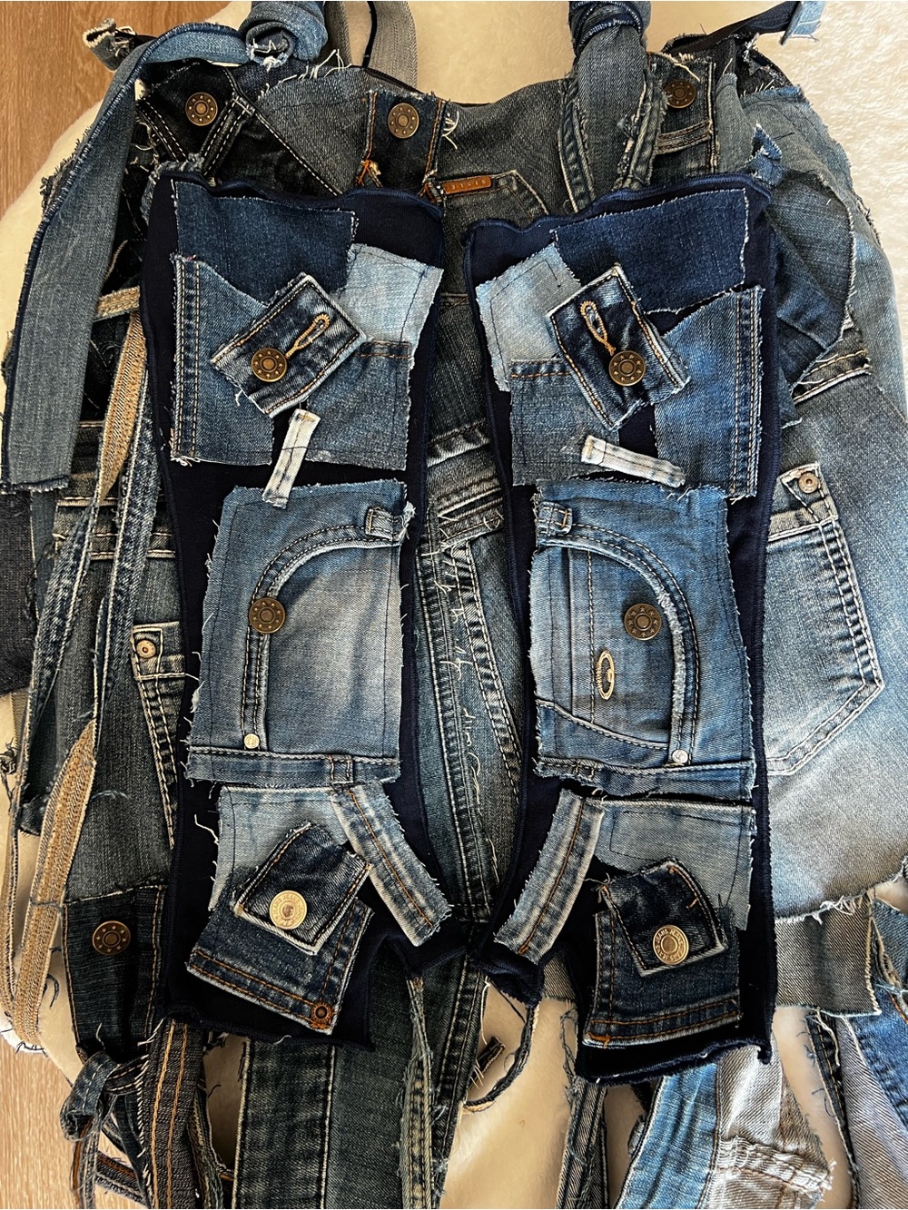 Denim Patchwork Fingerless Gloves- Blue OS
